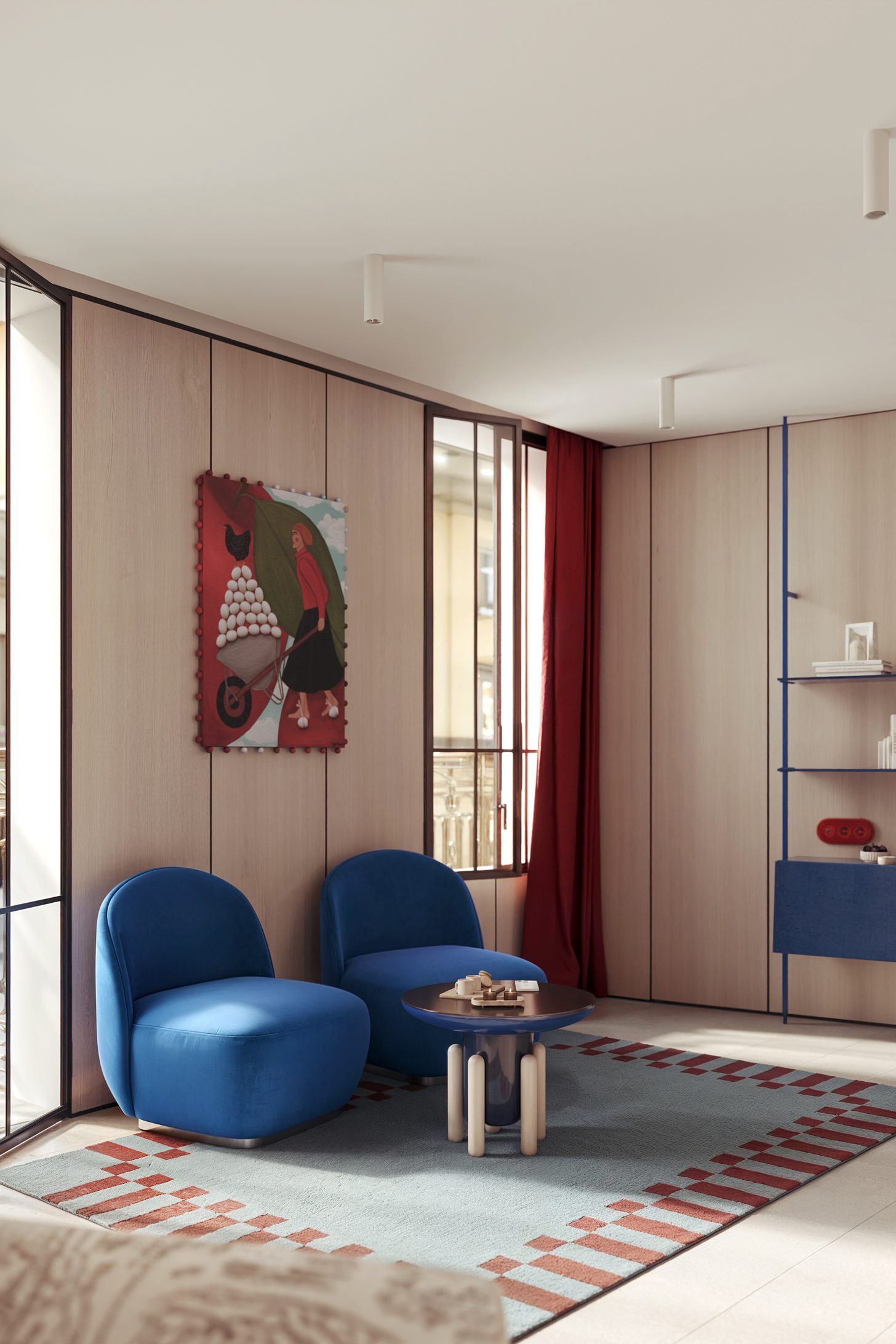 Синие кресла у панорамного окна с красной шторой — Coliving Benimamet