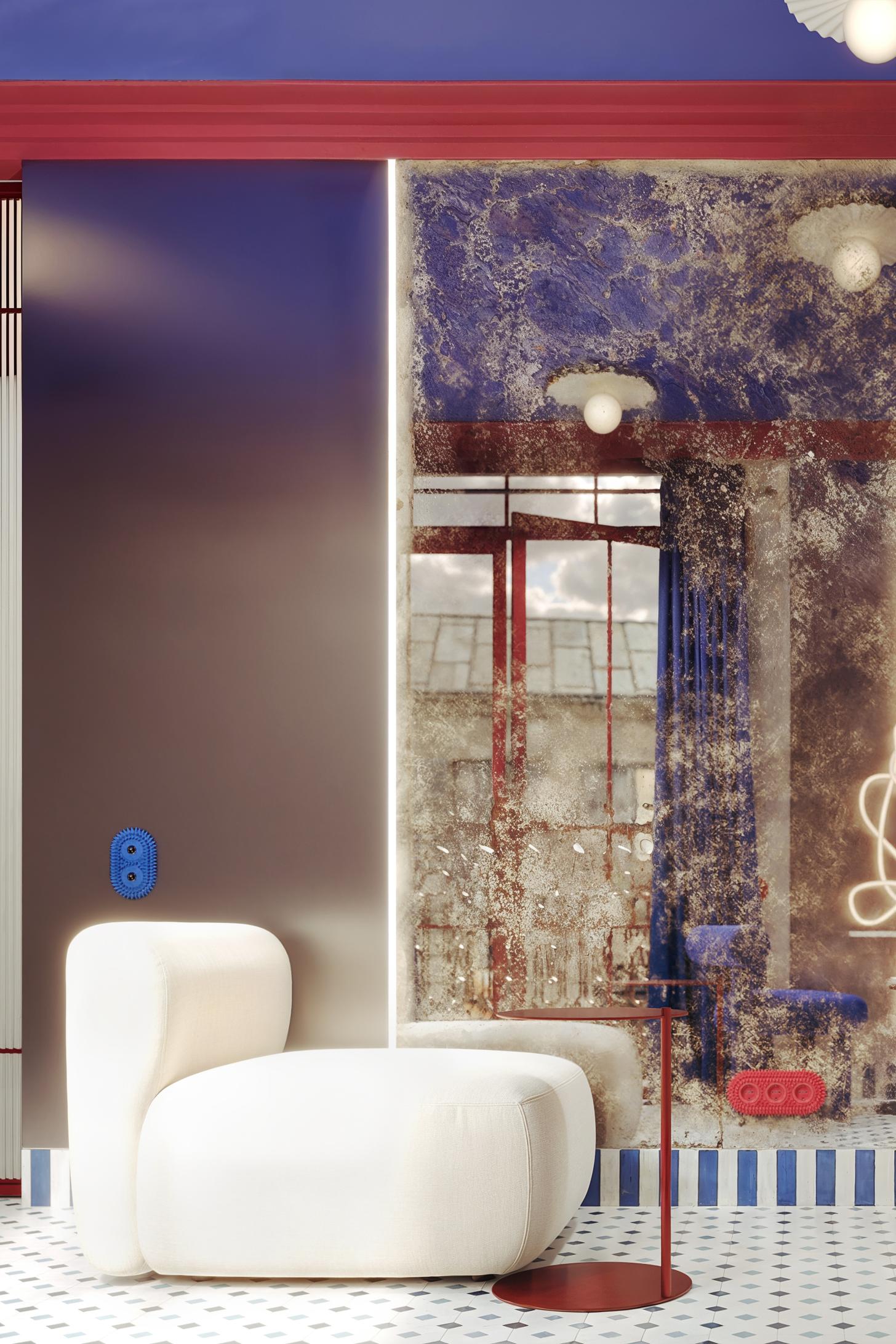 Лаундж с мягкими креслами у фрески под синим потолком — Coliving Benimamet